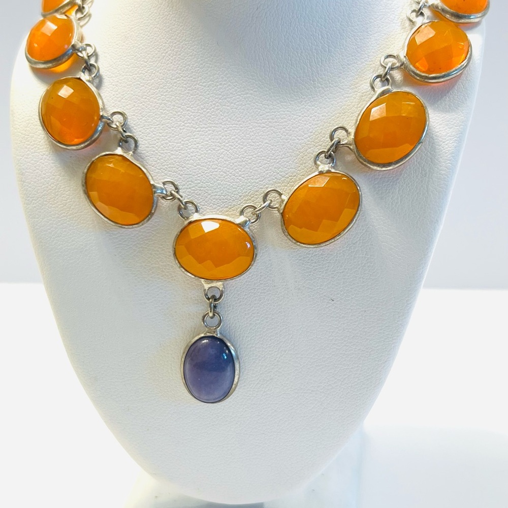 handmade necklace featuring hydro orange onyx and a purple gemstone drop 925 18”